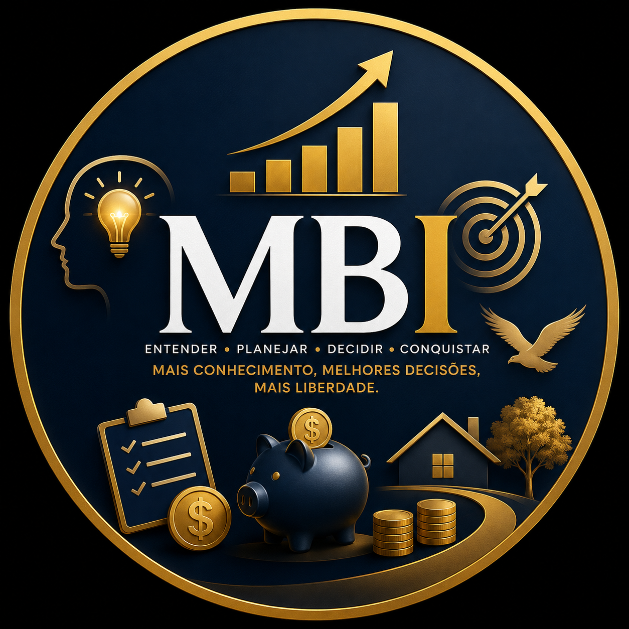 Gold and navy circular badge promoting financial growth with a piggy bank, coins, house, and clipboard icons; includes a rising bar chart and the letters MBI.