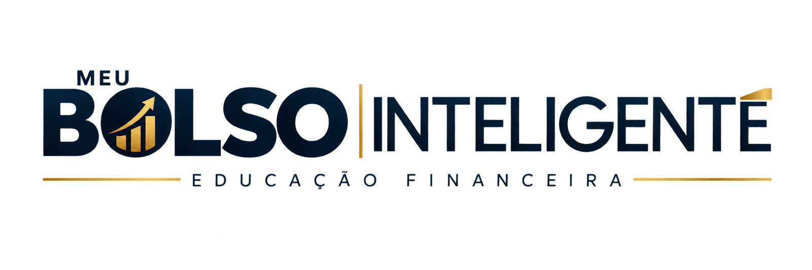 Logo: Meu Bolso Inteligente – educação financeira, with a rising arrow icon inside the letter O and gold accents.