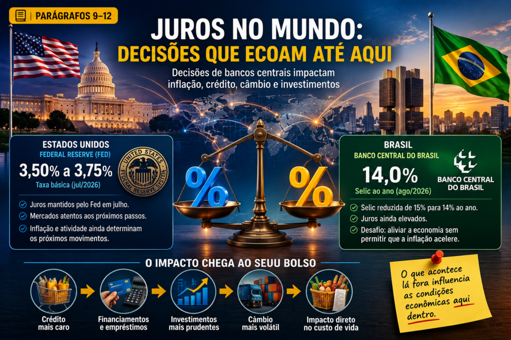 Infográfico financeiro comparando taxas dos EUA (3,50% a 3,75%) e do Brasil (14,0%), com mapa-múndi e balanças ao centro.