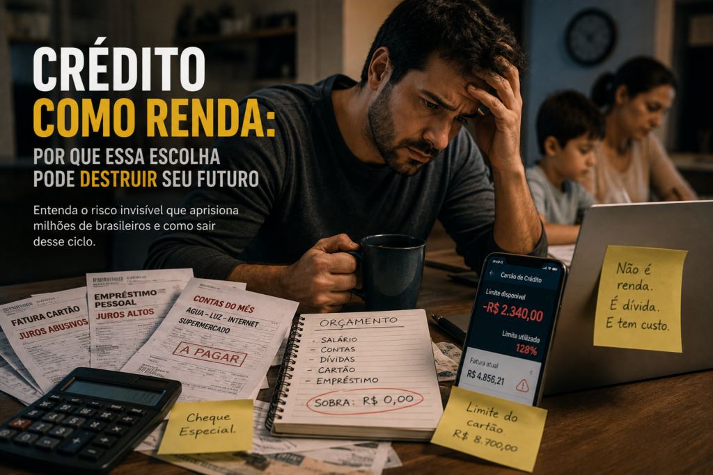 Homem preocupado numa mesa cercado de faturas, notas de orçamento e um celular mostrando o limite de crédito, transmitindo estresse financeiro.