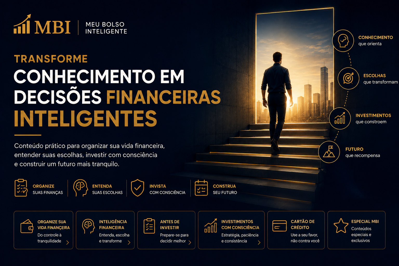 Banner promocional da MBI sobre transformar conhecimento em decisões financeiras inteligentes, com um homem entrando numa luz dourada ao pôr do sol sobre a cidade e escadas à frente.