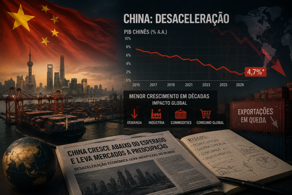 China slowdown infographic: red downward graph over a Shanghai skyline and flag, with headlines about slower growth in Portuguese and a newspaper.